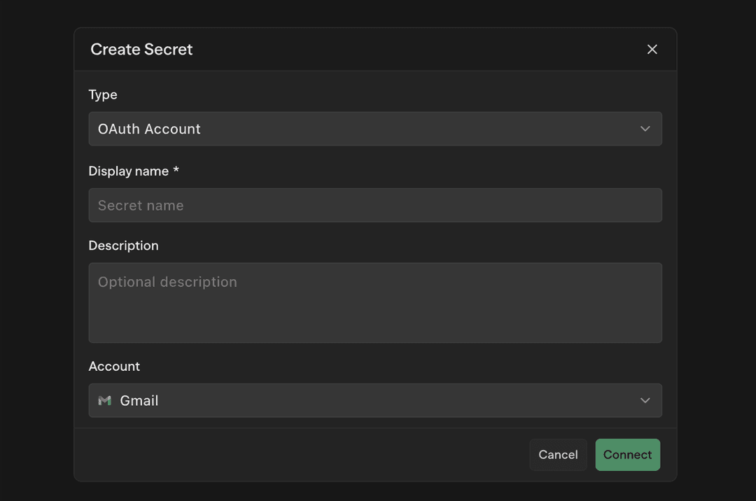 Create Secret dialog with OAuth Account type selected, showing display name and provider dropdown